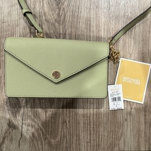 Michael Kors Jet Set Travel Light Sage Flip Pocket Envelope Crossbody Leather